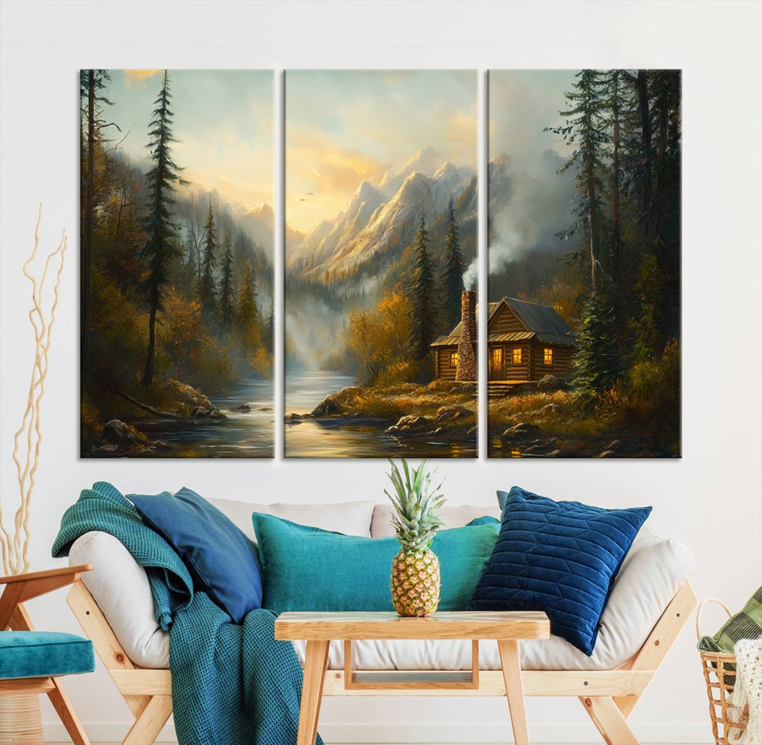 Wood Cabin Retreat Mountain at Sunset Wall Art Print - Serene Forest and River Landscape Wall Art Canvas Print