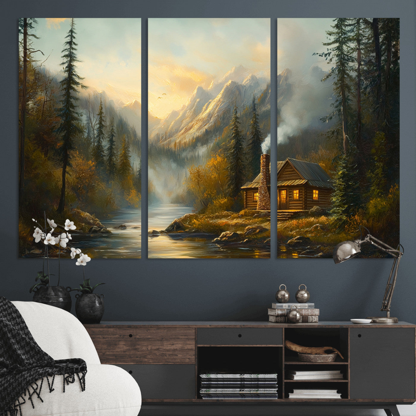 MGV-CV-48X32-3P - Wood Cabin Retreat Mountain at Sunset Wall Art Print - Serene Forest and River Landscape Wall Art