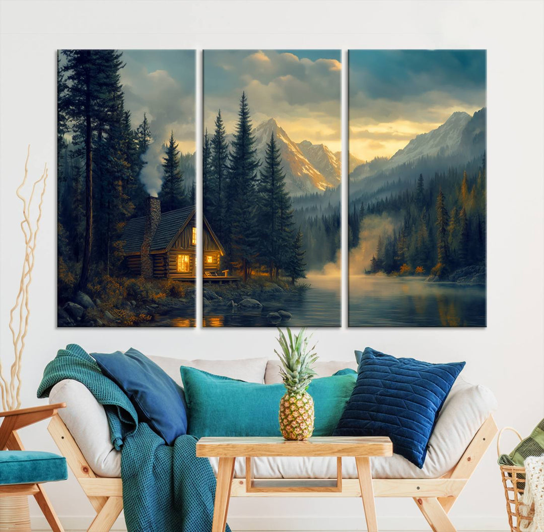 Mountain Cabin by the Lake at Sunset Wall Art - Serene Nature Canvas Print for Living Room Decor, Rustic Lodge Ambiance, 3-Panel Large Wall Art