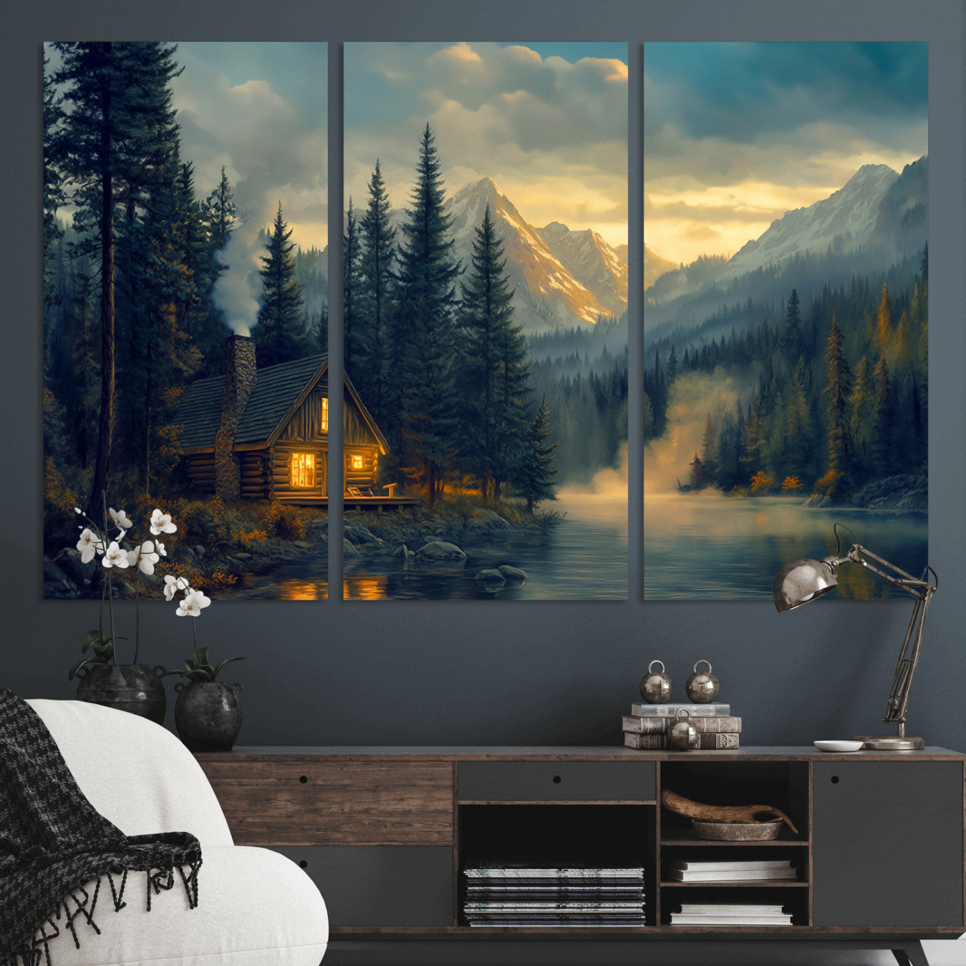 MGV-CV-48X32-3P - Mountain Cabin by the Lake at Sunset Wall Art - Serene Nature Canvas Print for Living Room Decor,