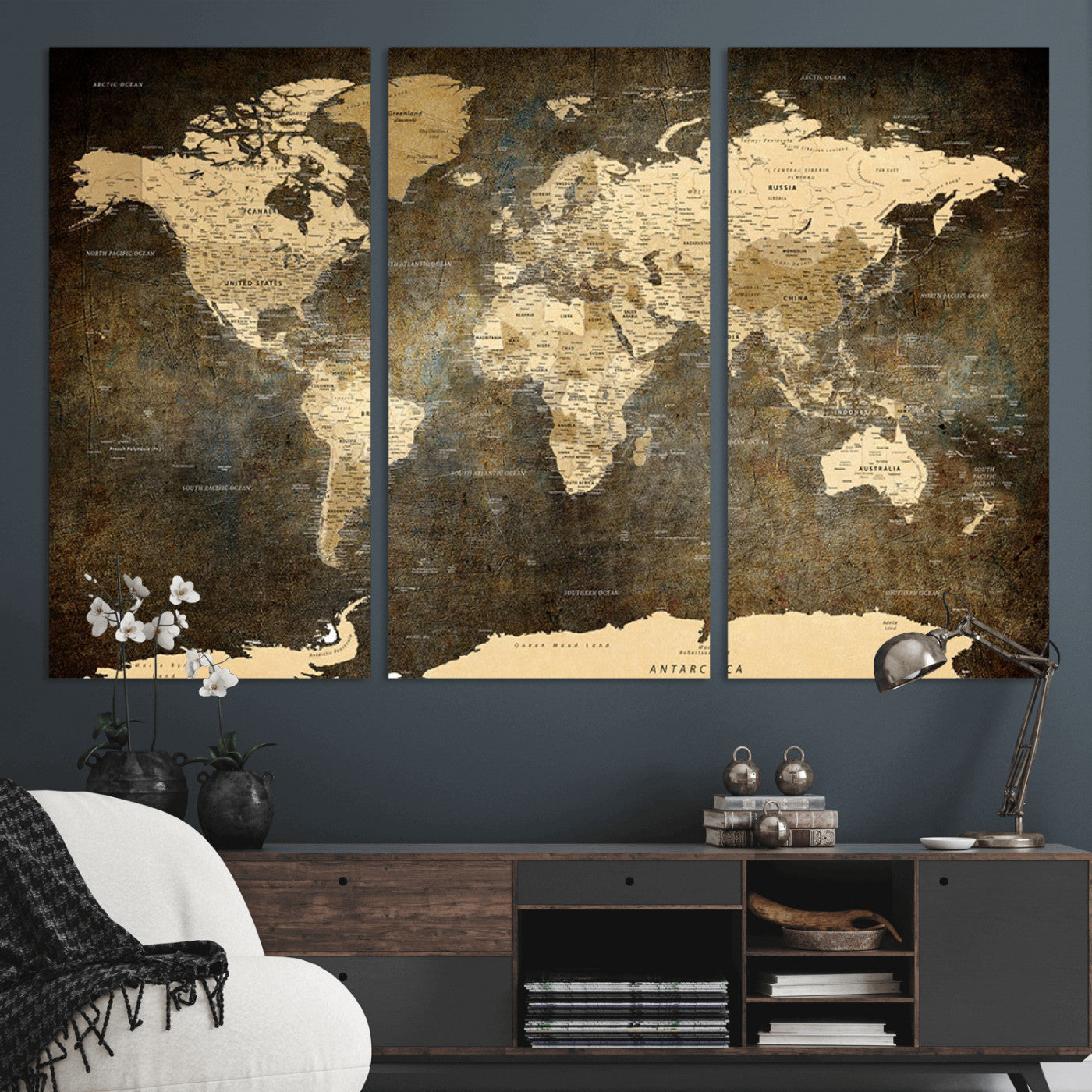 MGV-CV-48X32-3P - Push Pin World Map Canvas Print – Framed Wall Art for Couples to Track Their Travels – Anniversary
