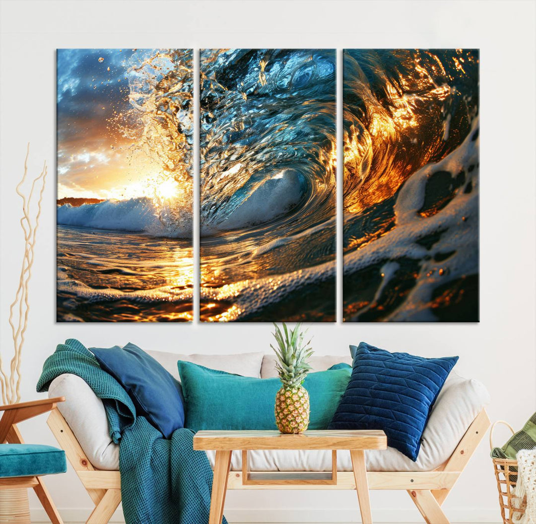 Ocean Wave at Sunset Wall Art | Ready to Hang Triptych Canvas Print | Coastal Wall Art for Living Room | Nautical and Beach House Decor