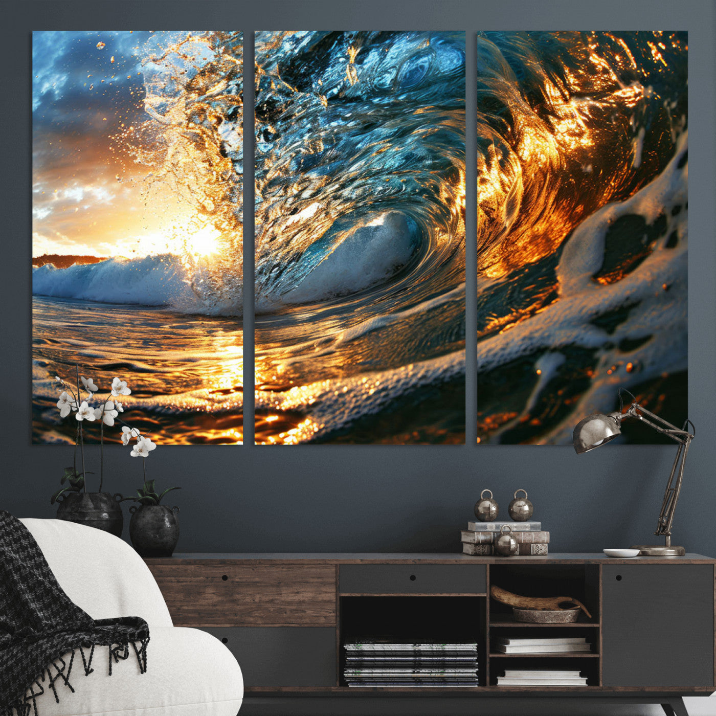MGV-CV-48X32-3P - Ocean Wave at Sunset Canvas Wall Art – Vibrant Coastal Beach Waves Print, Large Nautical Decor,