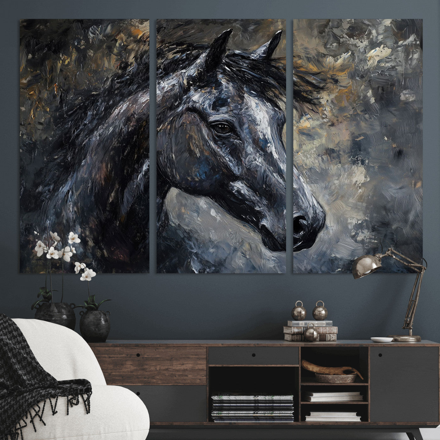MGV-CV-48X32-3P - Large Abstract Horse Wall Art Canvas Print | Farmhouse Wall Decor | Rustic Horse Art | Western Cabin