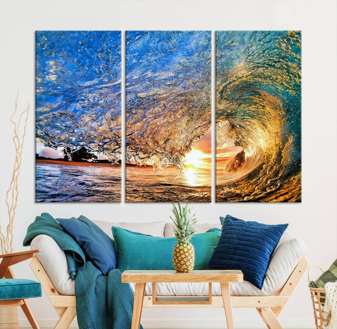 Ocean Wave at Sunset Canvas Print | Large Coastal Ocean Wall Art Print | Vibrant Beach Waves Art Print | Surf Lover Gift | Nautical Decor