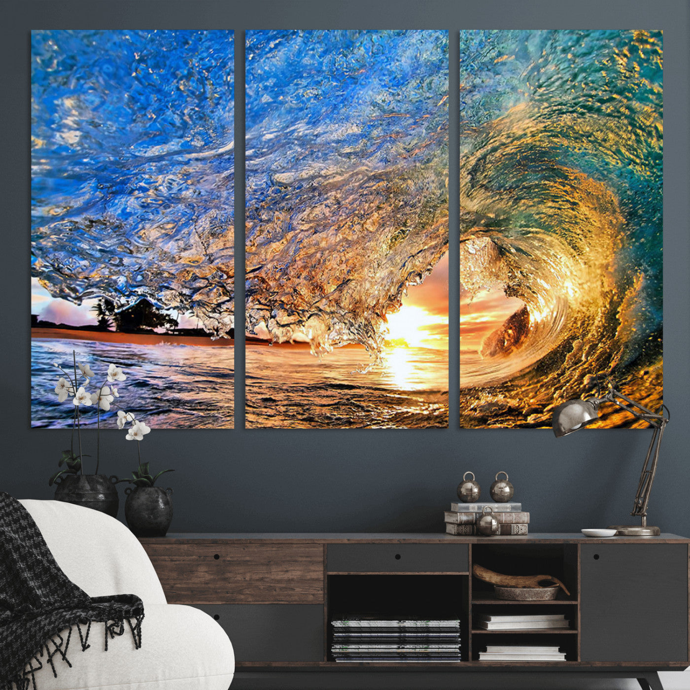 MGV-CV-48X32-3P - Ocean Wave at Sunset Canvas Wall Art – Vibrant Coastal Beach Waves Print, Large Nautical Decor,