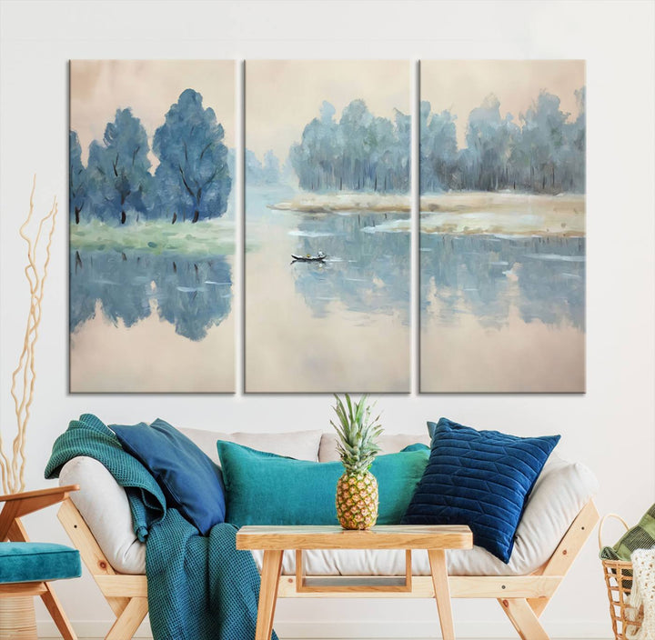 Landscape Printing Lake and Boat Scene | Serene Landscape Wall Art for Nature Lovers | Ready to Hang Triptych Canvas Print | Peaceful Blue Trees and Water Reflection Decor