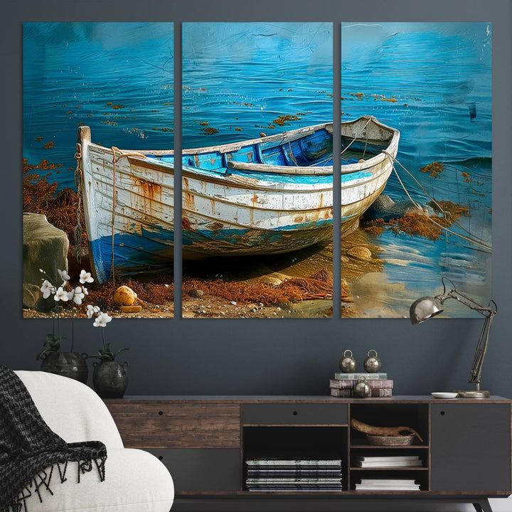 Vintage Boat on Tranquil Waters | Coastal Wall Art for Nautical Decor | Rustic Triptych Canvas Print | Beach House Art for Coastal Home Decor