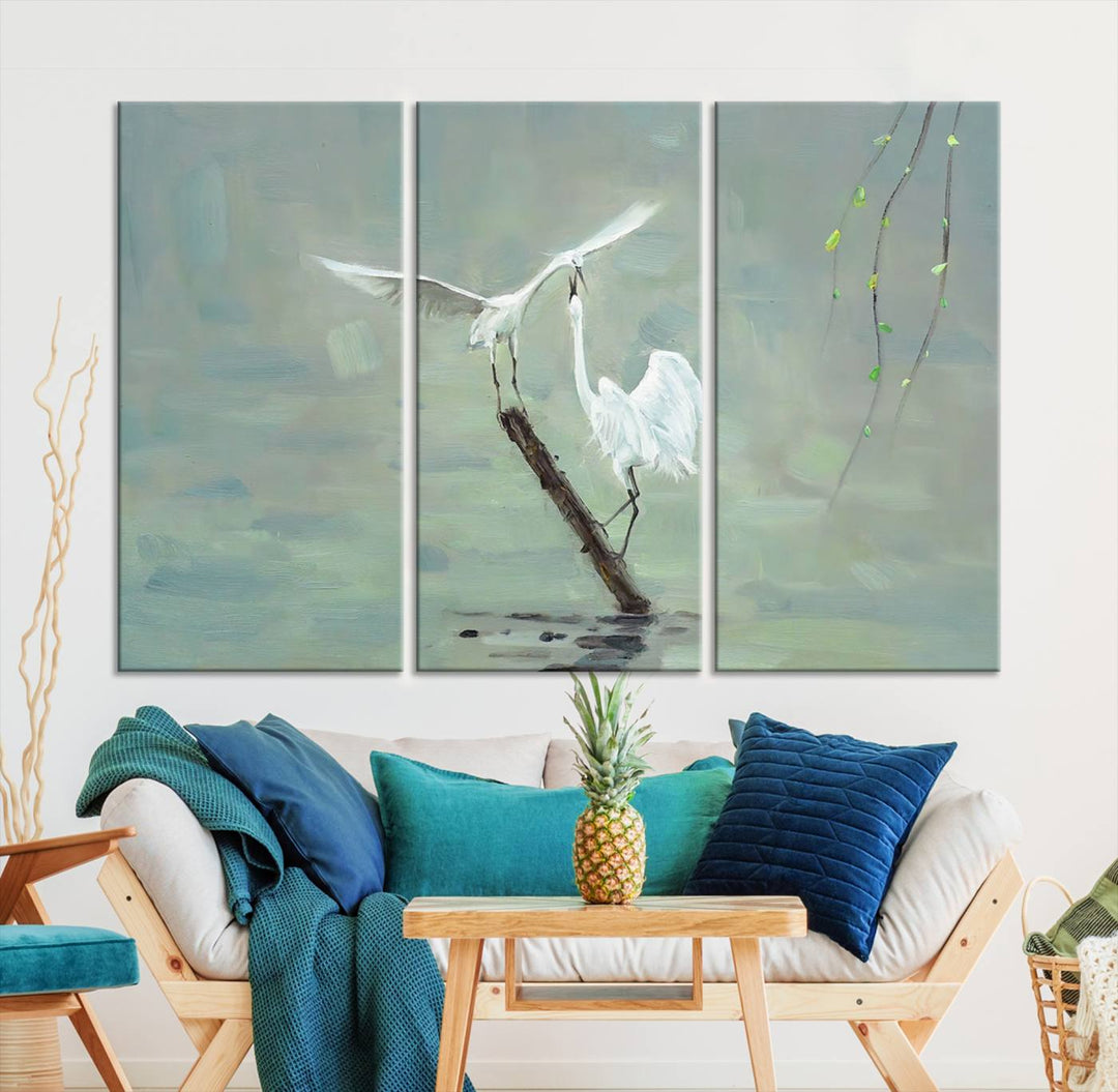 Elegant White Herons on Calm Waters | Coastal Wall Art for Nature-Inspired Decor | Serene Triptych Canvas Print | Ready to Hang Bird-Themed Art for Home Decor