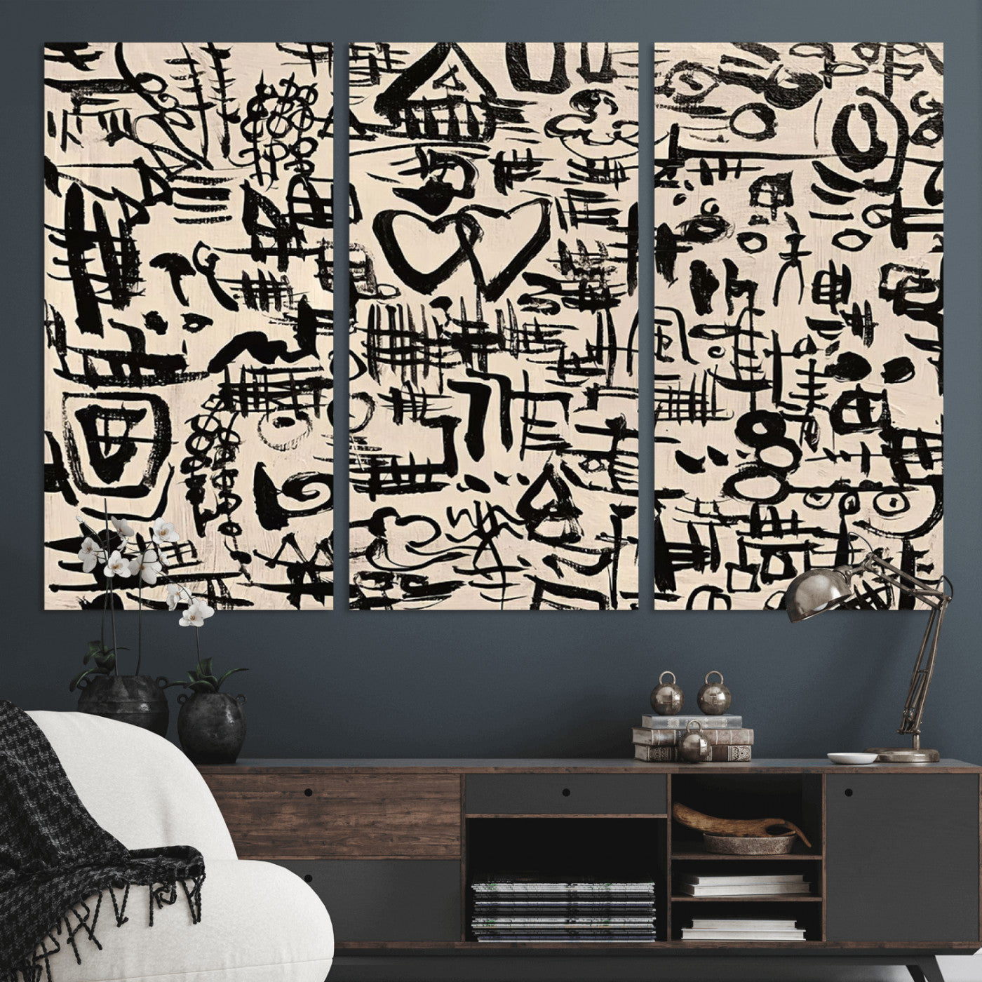 68273-MGV-CV-48X32-3P - Abstract Love and Chaos Canvas Print, Black Symbols on Beige