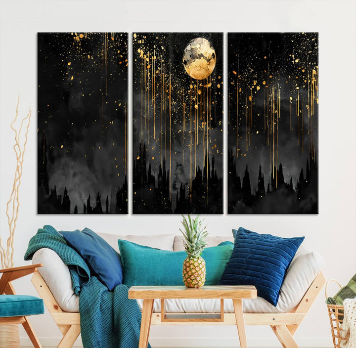 Gold Moon and Black Skyline Abstract Wall Art | Dark Modern Canvas Print with Dripping Gold Accents | Triptych Contemporary Homes