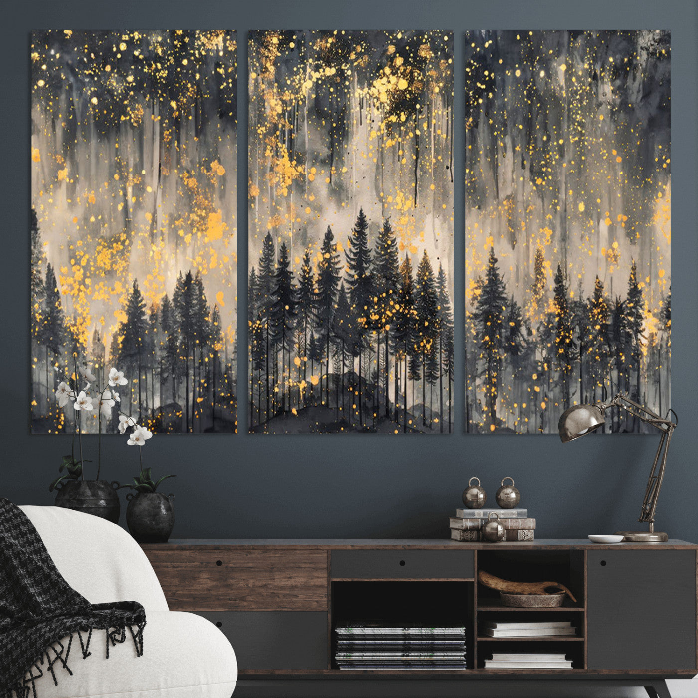 MGV-CV-48X32-3P - Golden Forest Abstract Wall Art | Dark Forest with Gold Splatter Accents | Triptych Ready to Hang