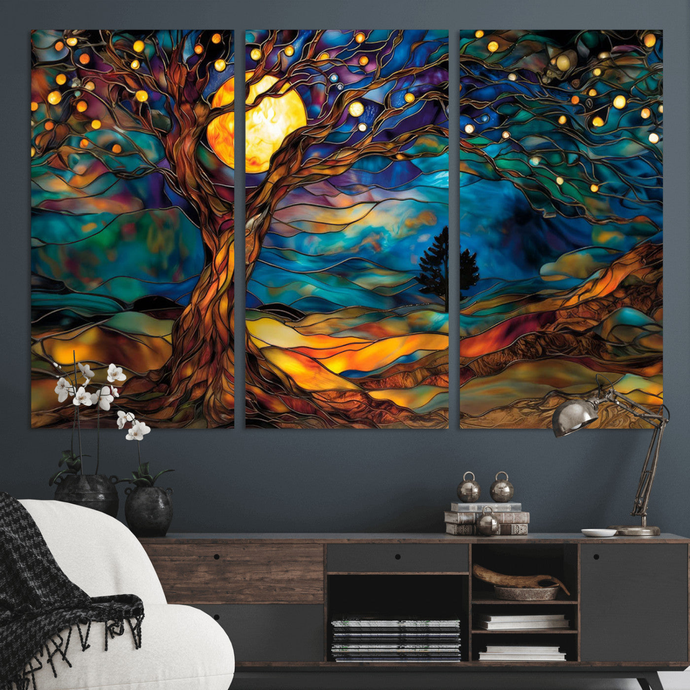 MGV-CV-48X32-3P - Tree of Life Wall Art - Yggdrasil Tree of Life Canvas Print - Vibrant Moonlit Tree Wall Art,  Tree