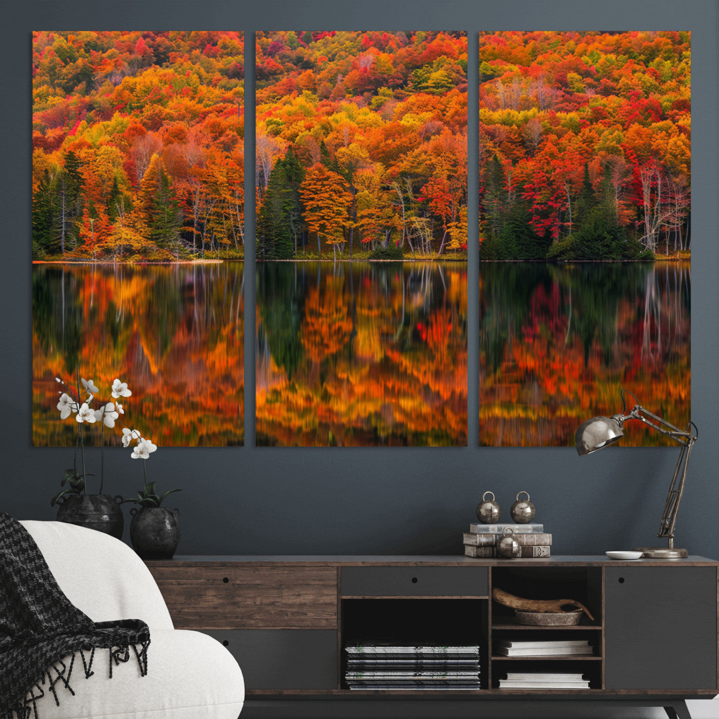 MGV-CV-48X32-3P - Fall Foliage Wall Art - Autumn Reflection Canvas Print, Stunning Fall Foliage Wall Art, Serene Lake