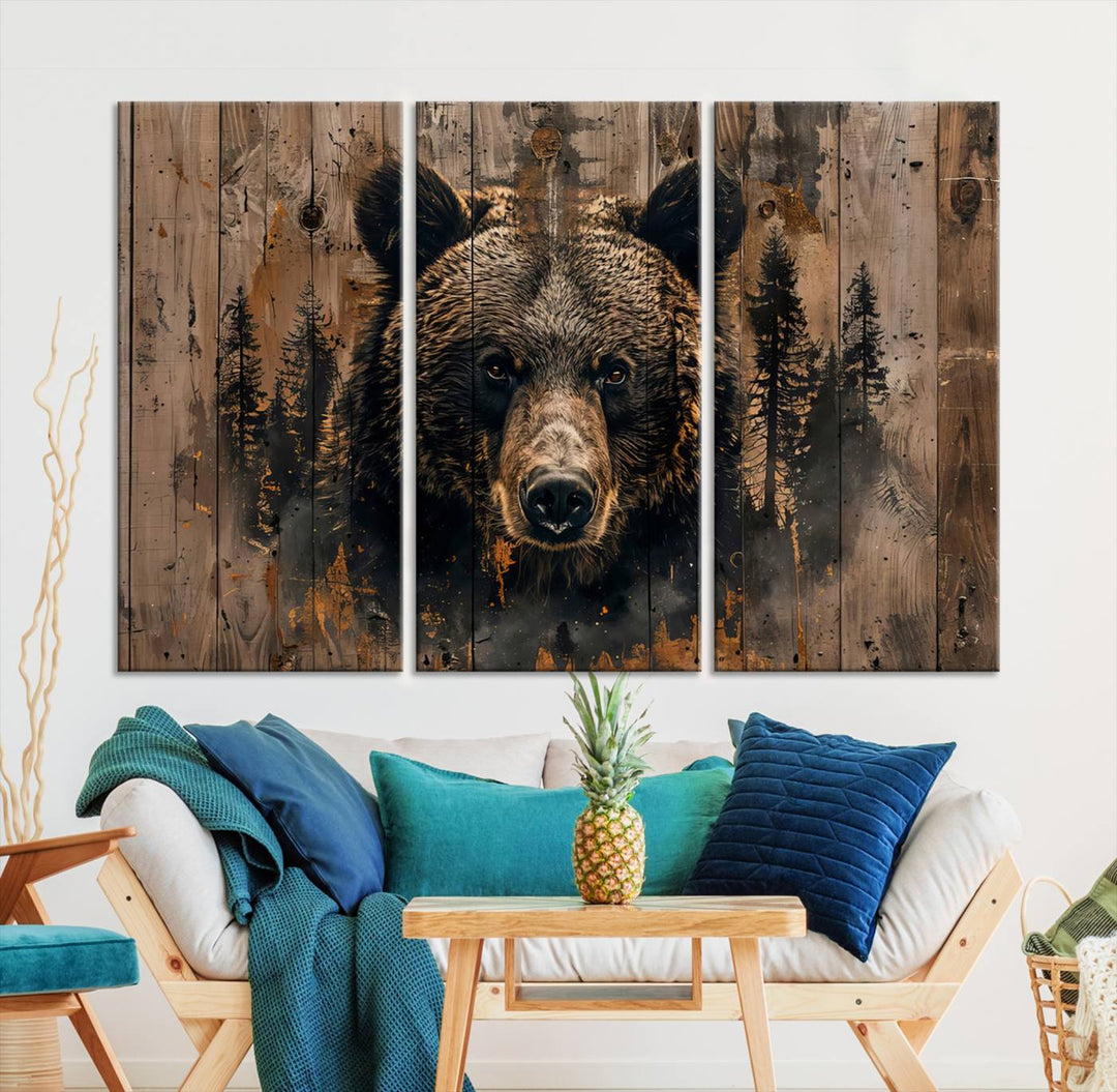 Rustic Bear Wall Art | Triptych Canvas Print | Rustic Cabin Wall Decor | Forest-Inspired Animal Art | Perfect for Farmhouse or Woodland Print