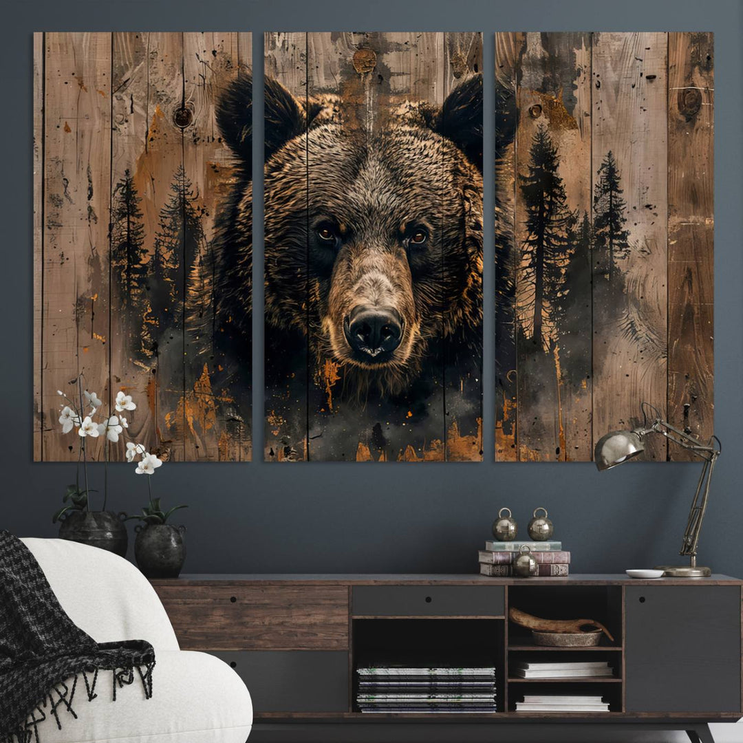 Rustic Grizzly 399 Wall Art is showcased against wood panels with forest silhouettes.