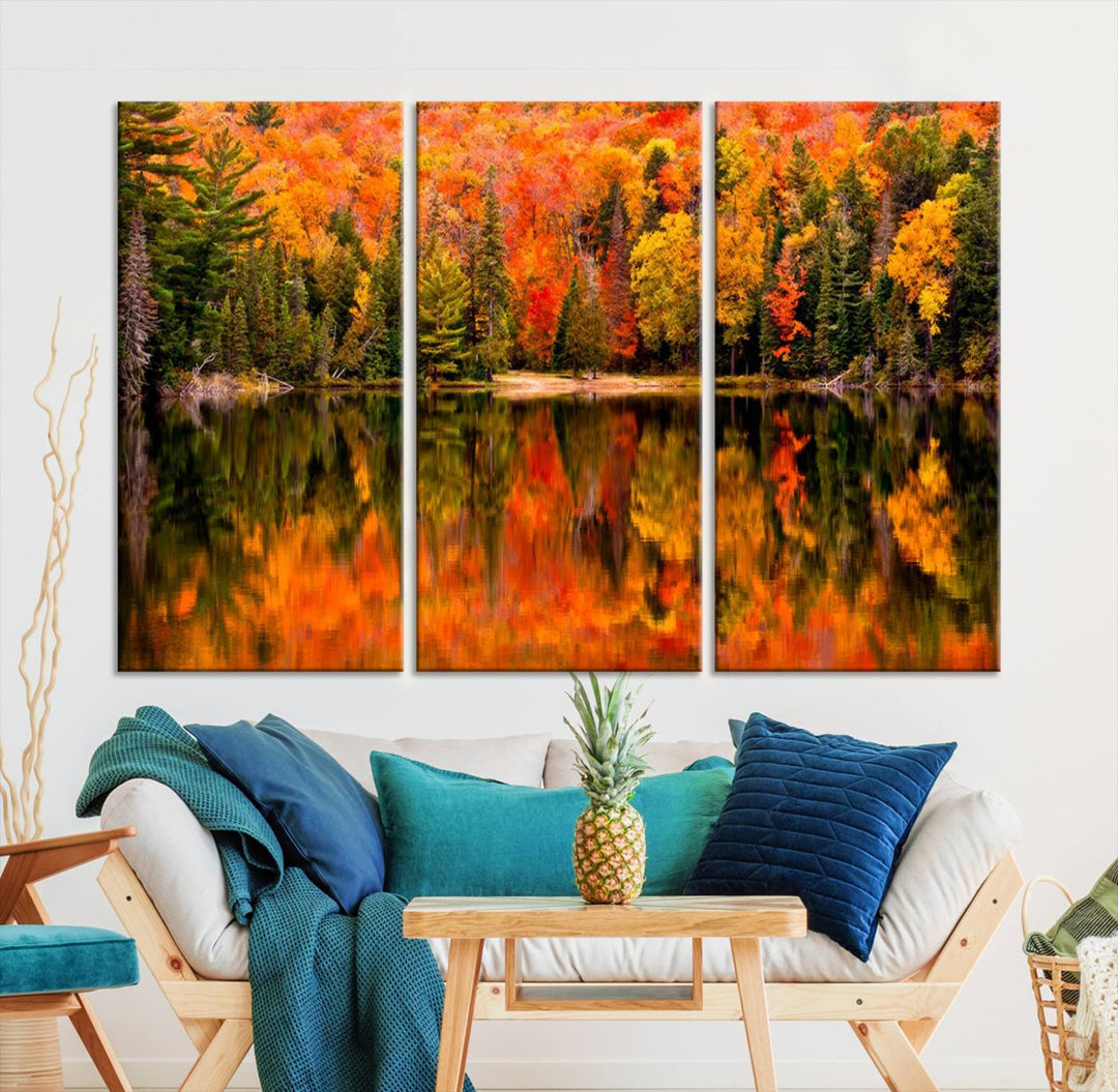 Autumn Forest Reflection Wall Art | Triptych Canvas Print | Vibrant Fall Foliage Wall Decor | Nature-Inspired Cabin Wall Art for Living Room