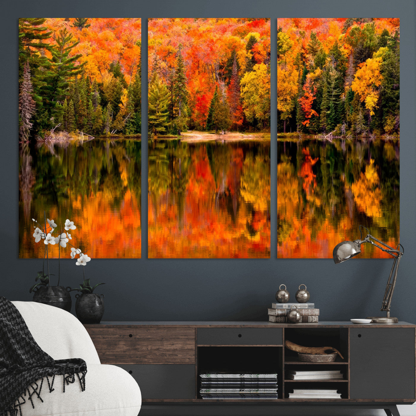 MGV-CV-48X32-3P - Forest Reflection Art | Autumn Forest Reflection Wall Art | Triptych Canvas Print | Vibrant Fall