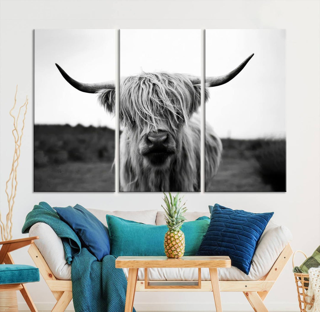 Highland Cow Wall Art | Black and White Farmhouse Decor | Ready to Hang Triptych Canvas Print | Rustic Barn Decor | Scottish Highland Cattle Art Print