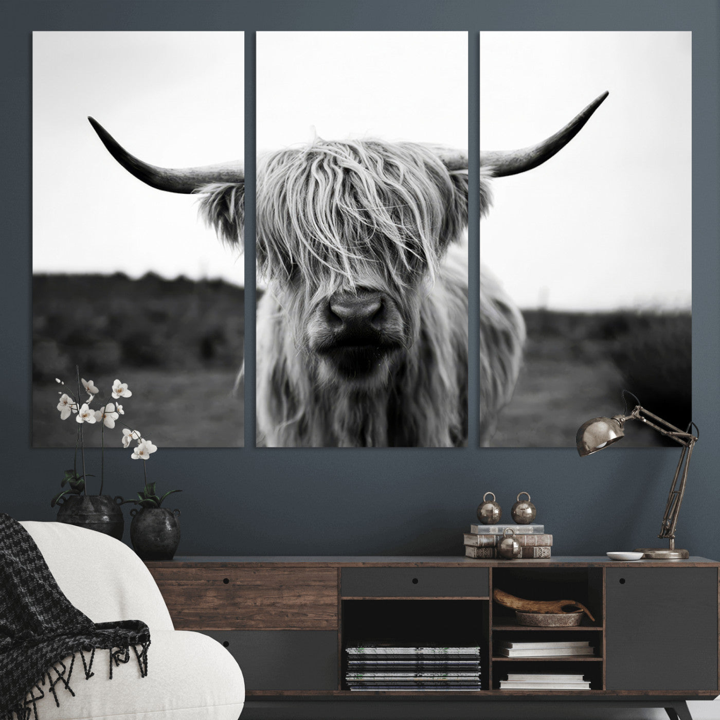 MGV-CV-48X32-3P - Highland Cow Wall Art | Black and White Farmhouse Decor | Triptych Canvas Print | Rustic Barn Decor