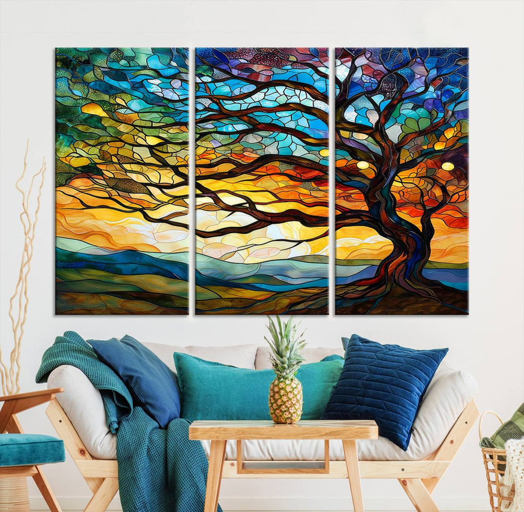 Vibrant Mosaic Tree of Life Wall Art | Stained Glass Style Canvas Print | Ready to Hang Artistic Decor