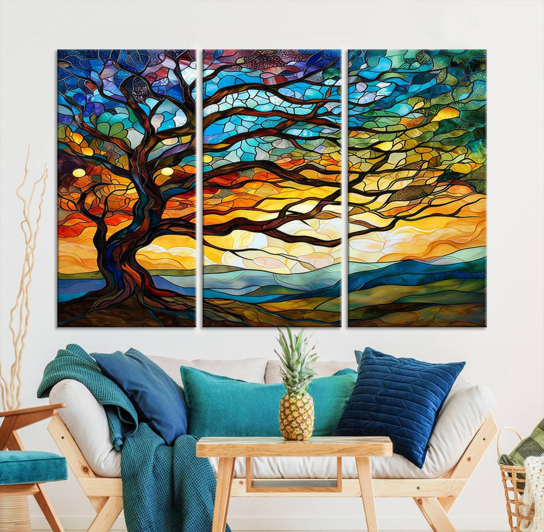 Mosaic Tree Wall Art | Ready to Hang Stained Glass Style Canvas Print | Farmhouse Wall Decor, Cabin Wall Art, and Unique Nature Home Decor