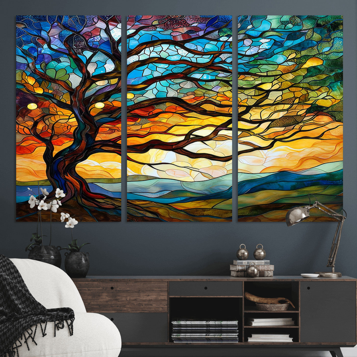 MGV-CV-48X32-3P - Mosaic Tree Wall Art | Ready to Hang Stained Glass Style Canvas Print | Farmhouse Wall Decor, Cabin