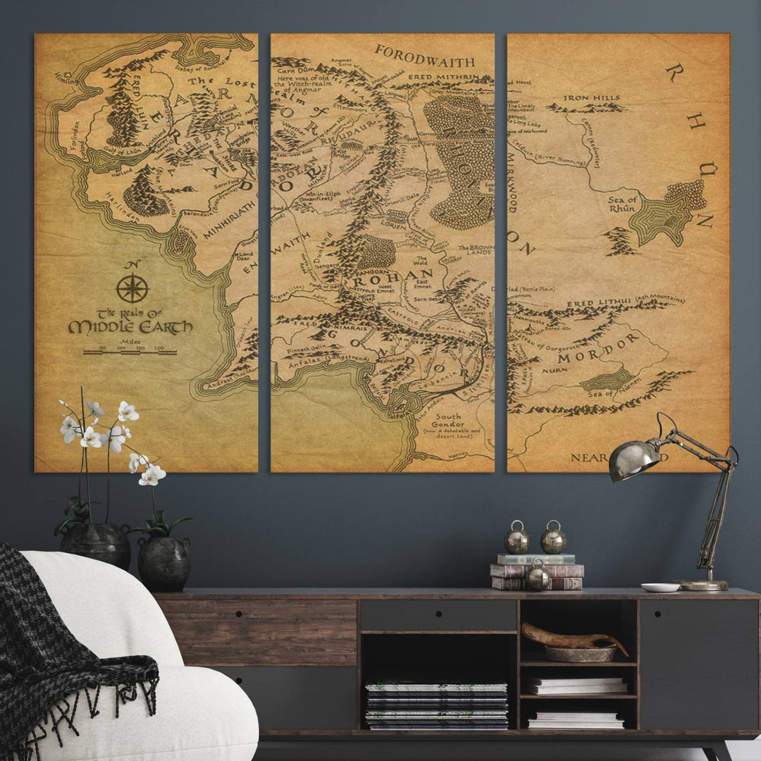 Vintage J.R.R. Tolkien Middle-Earth Map 3 Panel Canvas, perfect as wall art for home or office decor.