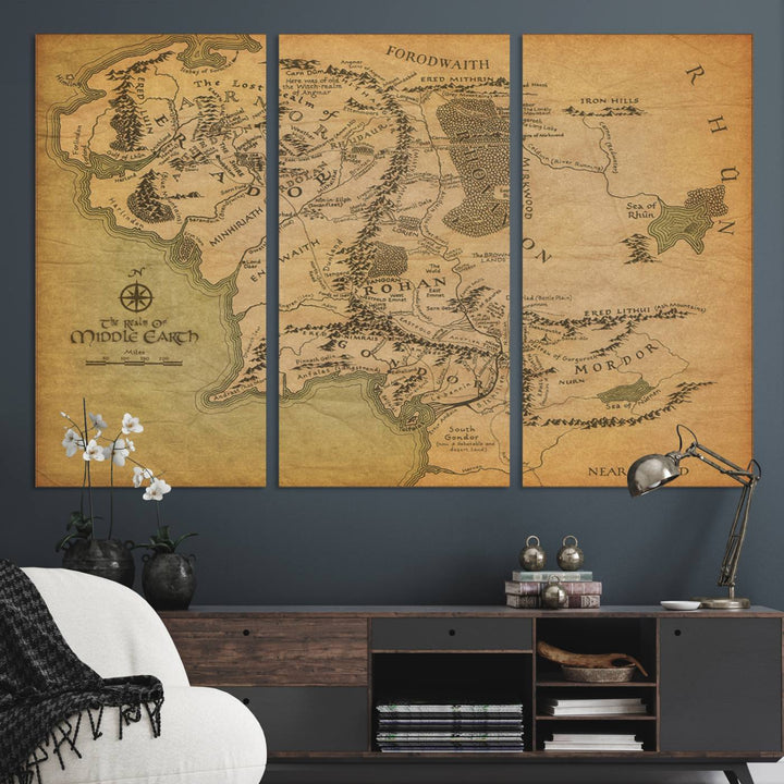 Vintage J.R.R. Tolkien Middle-Earth Map 3 Panel Canvas, perfect as wall art for home or office decor.