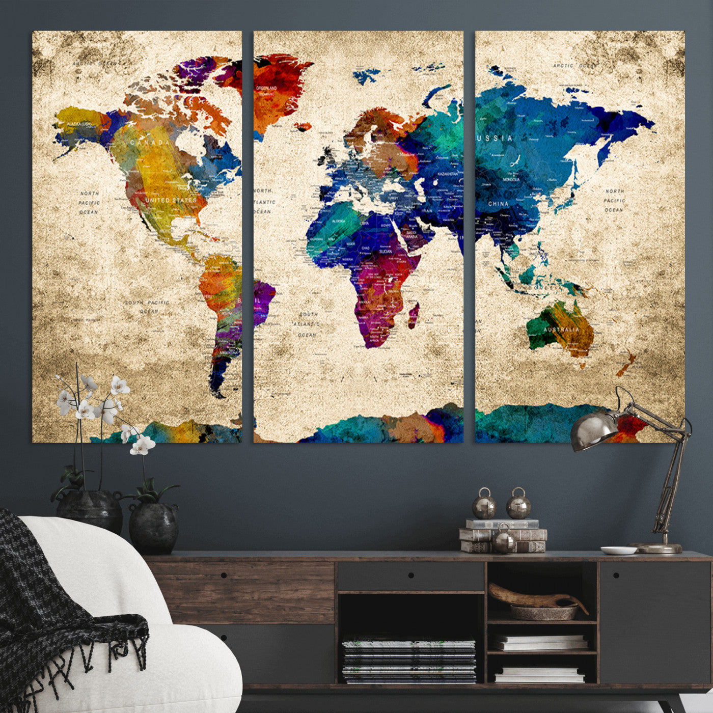 MGV-CV-48X32-3P - Push Pin World Map Canvas Print – Framed Wall Art for Couples to Track Their Travels – Anniversary