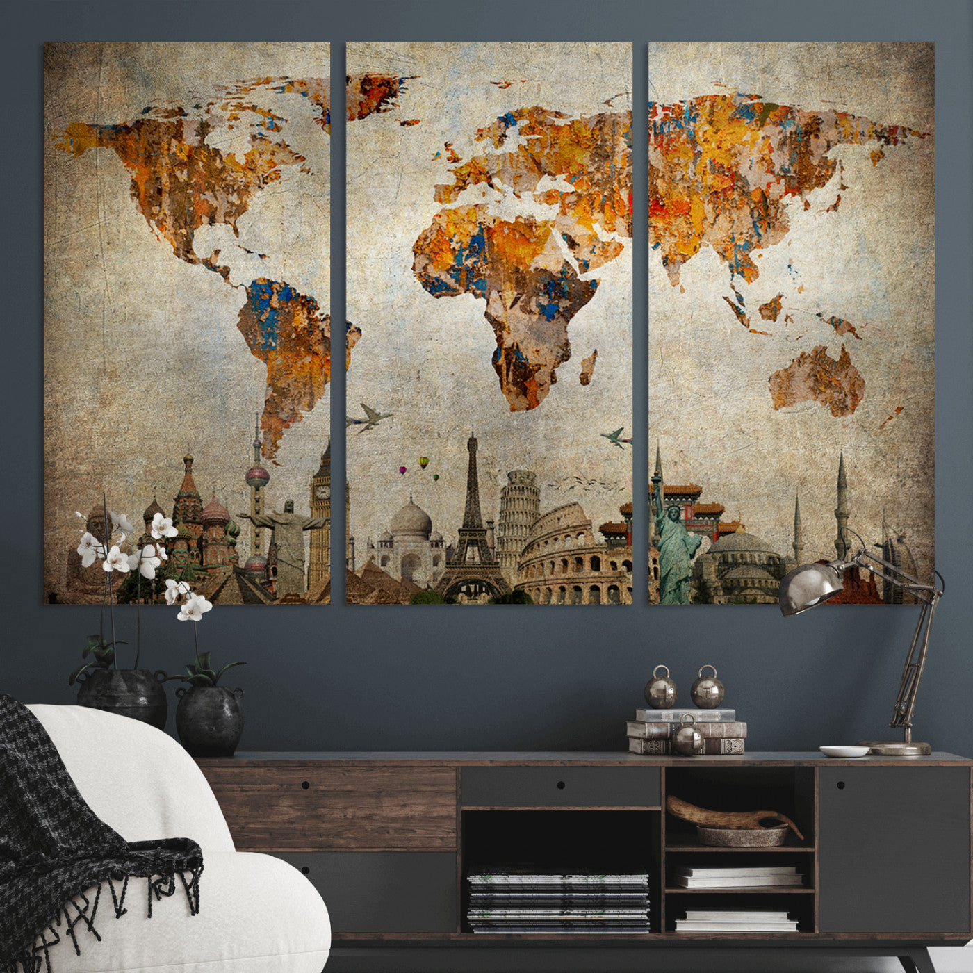 MGV-CV-48X32-3P - Push Pin World Map Canvas Print – Framed Wall Art for Couples to Track Their Travels – Anniversary