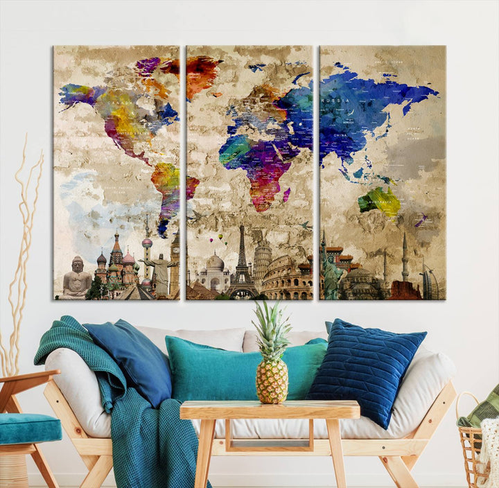 Artistic world map featuring landmarks like the Eiffel Tower, printed on premium wall art for office or living space.