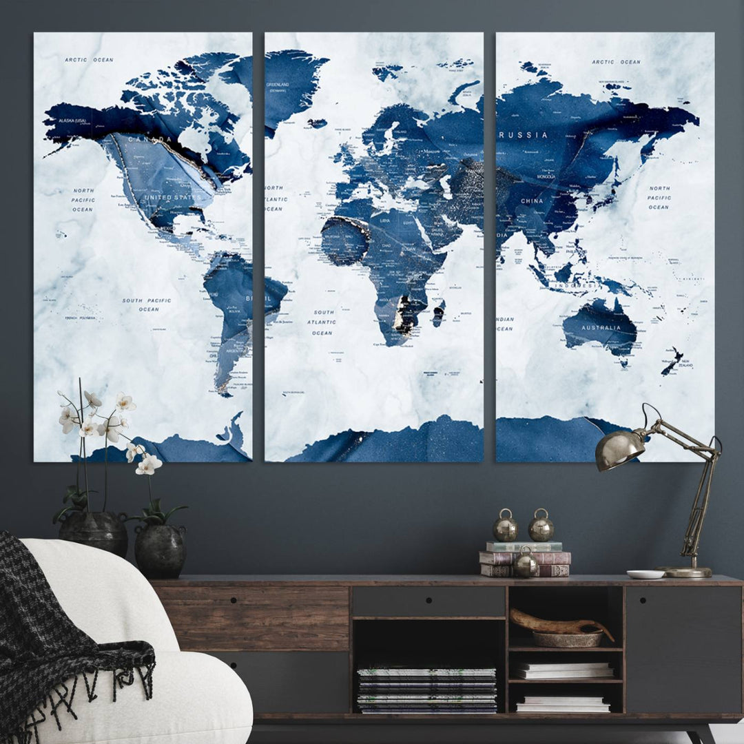 Navy Blue World Map with Antarctica Canvas: A perfect abstract home decor piece featuring a grunge-stained background.