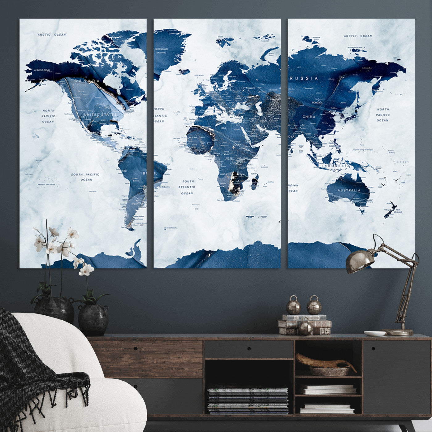 MGV-CV-48X32-3P - Push Pin World Map Canvas Print – Framed Wall Art for Couples to Track Their Travels – Anniversary