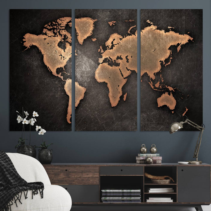 Maroon World Map Wall Art: Copper continents on a grunge-stained canvas, ideal for enhancing your decor.