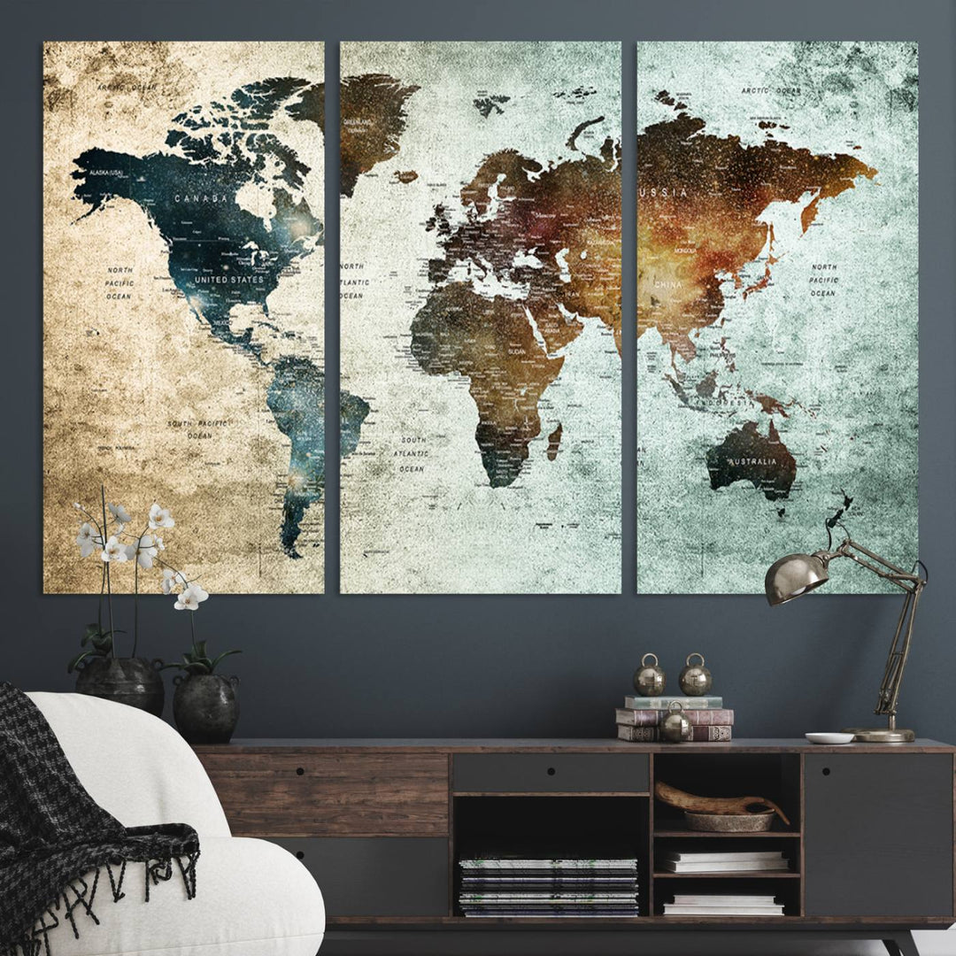 The Push Pin World Map Canvas Print serves as an ideal piece of wall art for travel lovers, showcasing vibrant colors and intricate details.