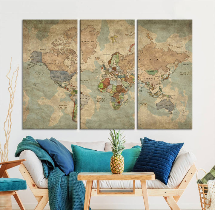 Vintage World Map Canvas Wall Art – Antique Triptych Map Print – Rustic Global Decor for Living Room or Office – Ready to Hang