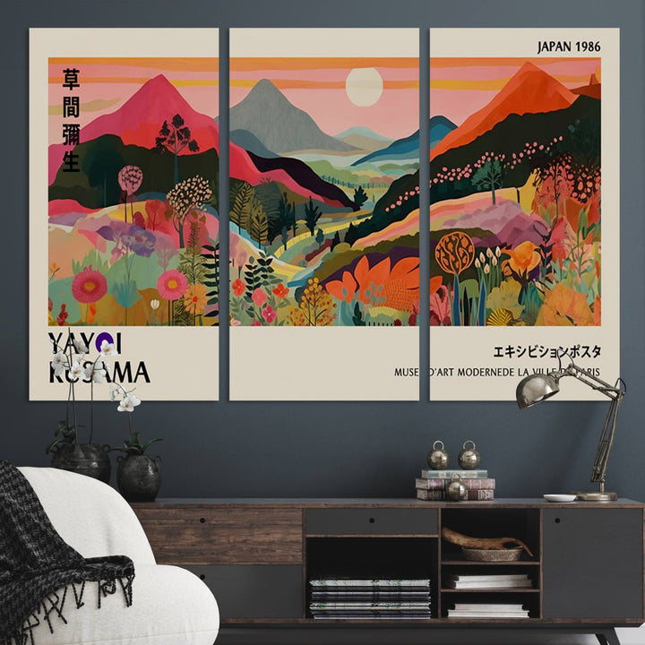 A vibrant abstract landscape by Yayoi Kusama adorns a Wabi Sabi ready-to-hang canvas print, featuring mountains and flowers.