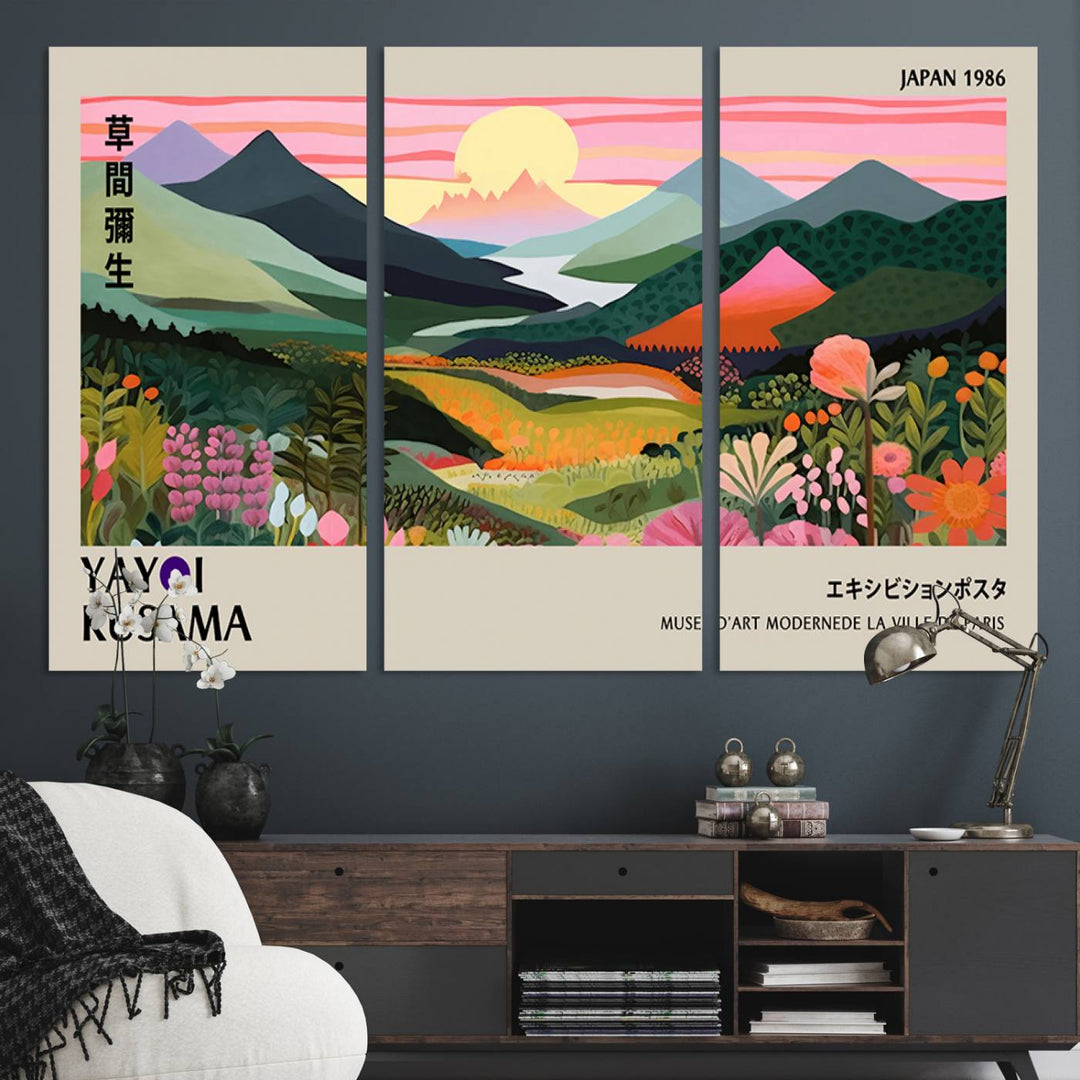 Vibrant abstract landscape canvas with mountains and fields, titled Yayoi Kusama 1986 Wall Art Print.