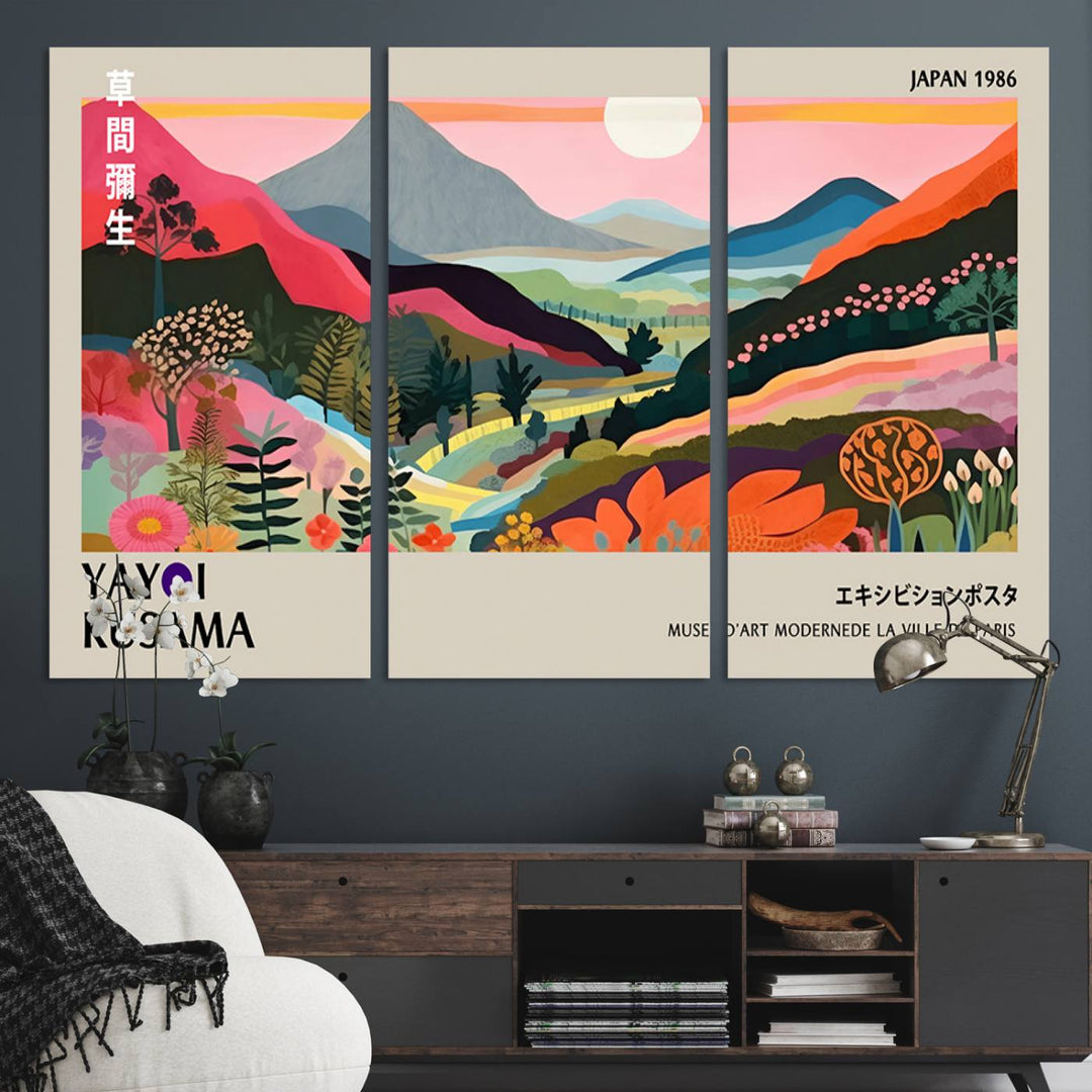 Vibrant abstract landscape canvas inspired by Yayoi Kusama, featuring mountains, trees, and flowers in a triptych style.