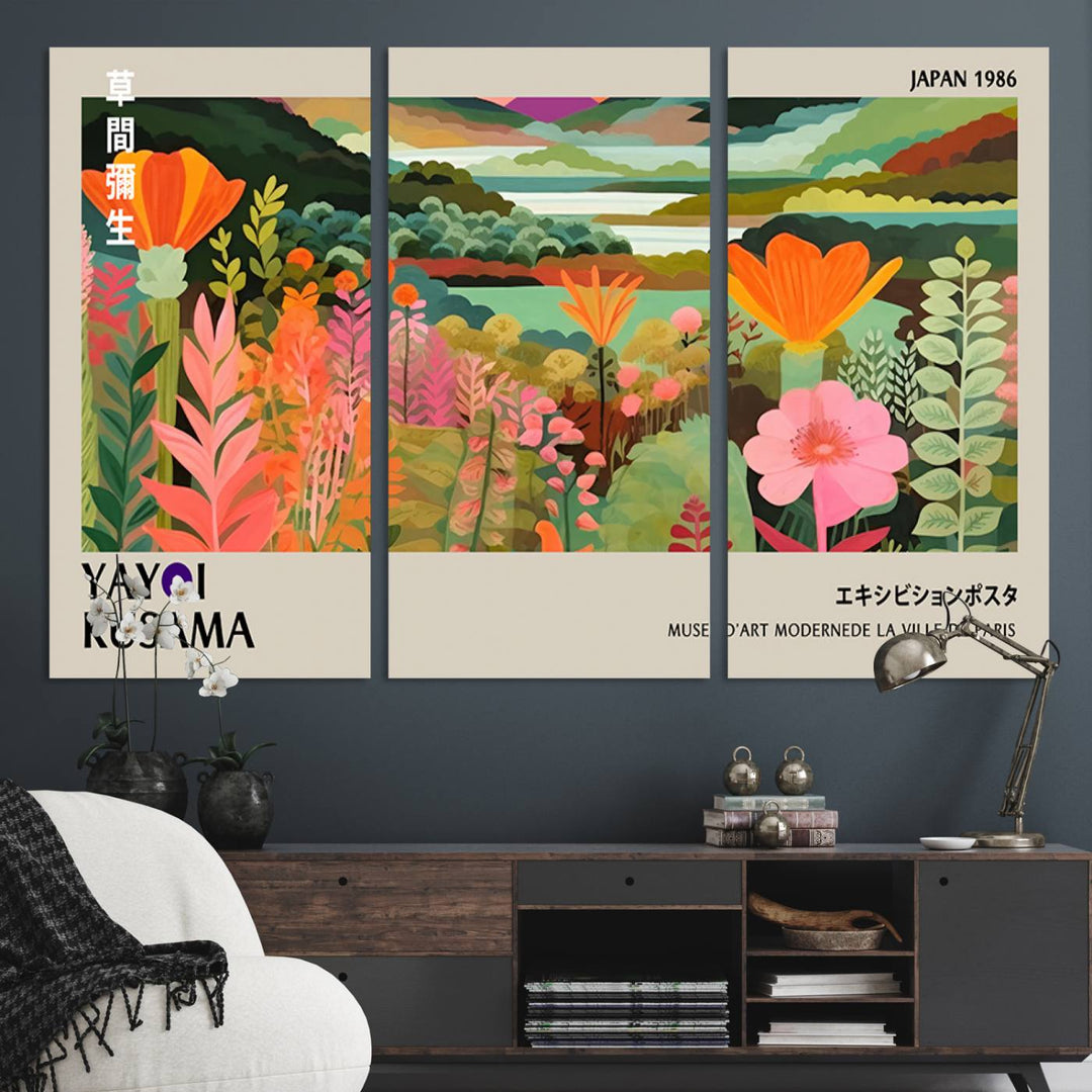 A vibrant 1986 Yayoi Kusama abstract landscape featuring flowers and hills on a canvas wall art print, ready-to-hang.