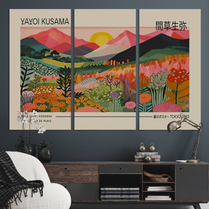 A vibrant abstract triptych features mountains, a sun, and plants in Yayoi Kusamas style with Japanese and French text included.