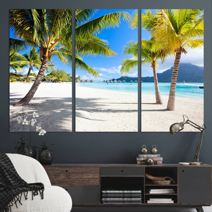 Blue Beach and Sea Wall Art Canvas Print: showcases a tropical scene with palm trees, white sand, and turquoise water.