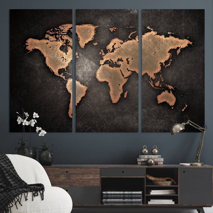 The Modern World Map on a metallic black canvas creates a striking effect.