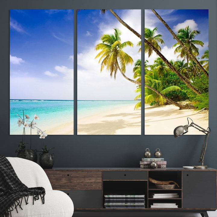 Tropical Beach Canvas: Palm Trees & White Sand Shore Decor, Vibrant Coastal Print, Ready to Hang.