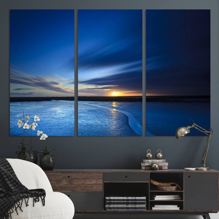 A blue sunset ocean canvas wall art print.