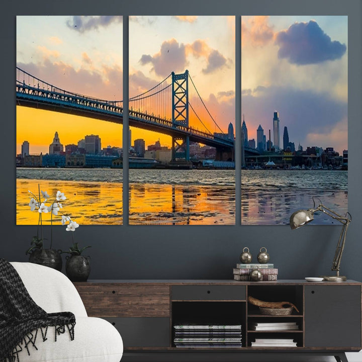 Ben Franklin Bridge Wall Art Print – Philadelphia Skyline Sunset Canvas Print.