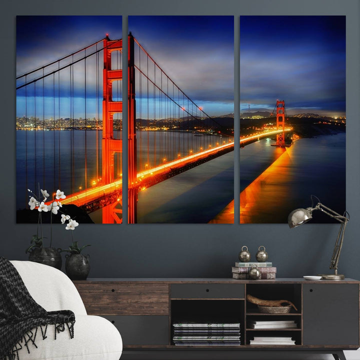 The living room features a large San Francisco canvas art piece—a stunning triptych of the Golden Gate Bridge at twilight, known as the "Large Wall Art San Francisco Canvas Print - Wonderful Golden Gate Bridge at Twilight.