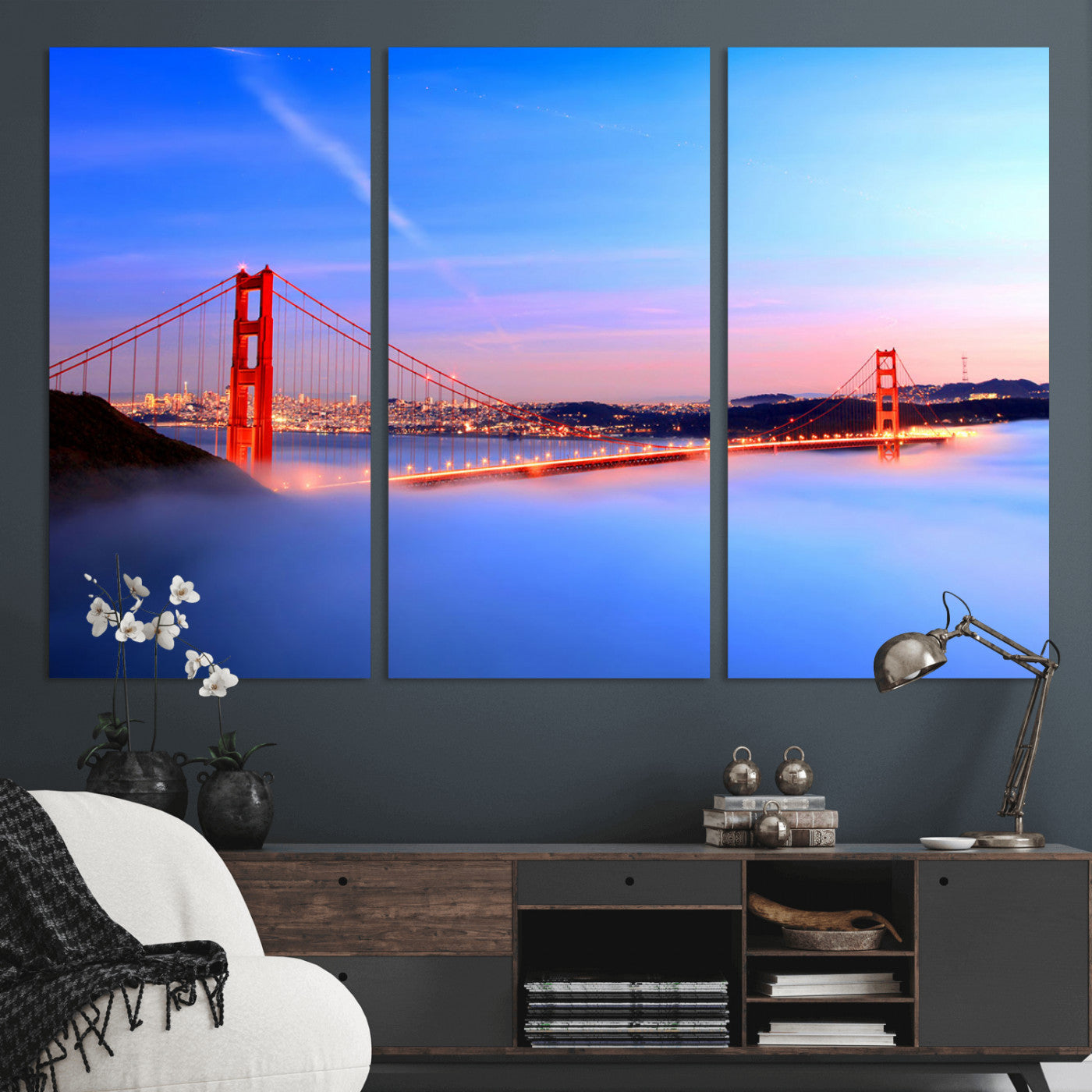 MGV-CV-48X32-3P - Golden Gate Bridge Wall Art Print, San Francisco Sunset Canvas Wall Art, Cityscape Canvas Print for