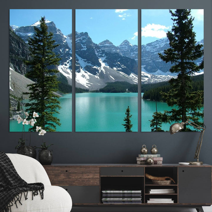 Canadian Rockies Moraine Lake Landscape Canvas Print showcasing a turquoise lake and mountain view.